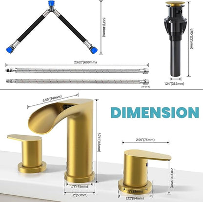 Brushed Gold Waterfall Bathroom Faucets - Waterfall 8 Inch Gold Widespread Bathroom Sink Faucet, 2 Handles Vanity Faucets 3 Holes for Restroom RV Bathtub with Pop Up Drain & Supply Lines