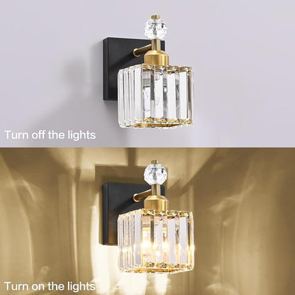 PRESDE Single Crystal Wall Sconce, Modern Black and Gold Vanity Light Fixture, 1-Light Wall Lamp for Bathroom Bedroom Hallway