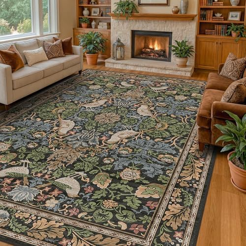 Vintage 9x12 Dining Room Rugs for Under Table - Dark Botanical & Bird Patterned Rugs for Living Room, Bedroom Under Bed, Traditional Cottage Brown and Green Décor, Washable Non Slip Folable Carpet