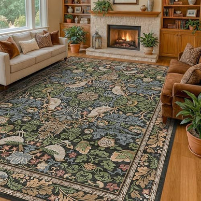 Vintage 9x12 Dining Room Rugs for Under Table - Dark Botanical & Bird Patterned Rugs for Living Room, Bedroom Under Bed, Traditional Cottage Brown and Green Décor, Washable Non Slip Folable Carpet