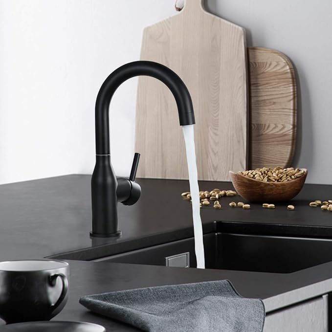 WOWOW Black Bathroom Faucet - Stainless Steel Single Handle Bar Sink High Arc Lavatory Mixer - Small Kitchen Tap With Supply Hoses