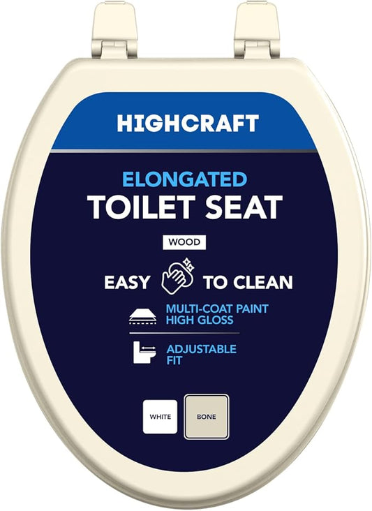 HIGHCRAFT Elongated Toilet Seat with Adjustable Hinges - Molded Wood Toilet Seat - Fits Standard Elongated Toilets - Oval Seat in Bone/Beige