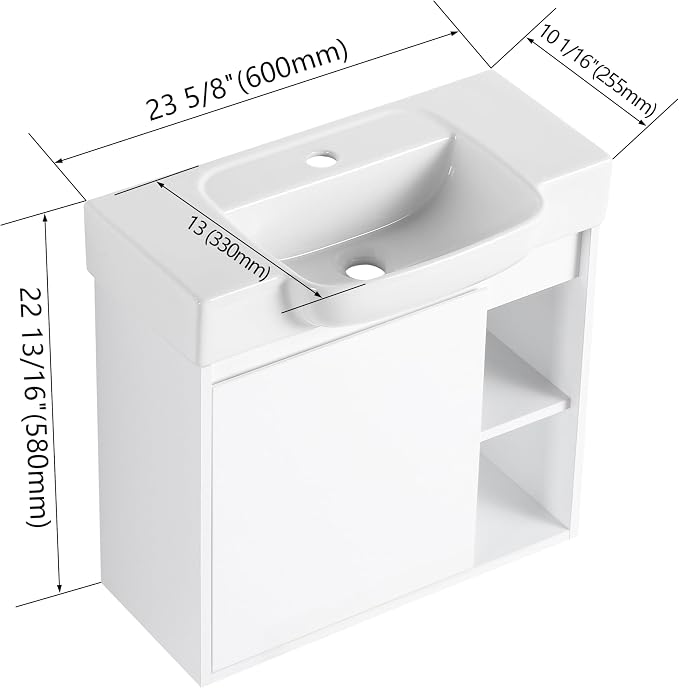24" Bathroom Vanity with Sink, Wall-Mounted Cabinet, Glossy White | Ceramic Sink, Soft-Close Door & 2 Open Storage Shelves, Modern Farmhouse Sink Cabinet, Easy to Clean for Small Bathroom