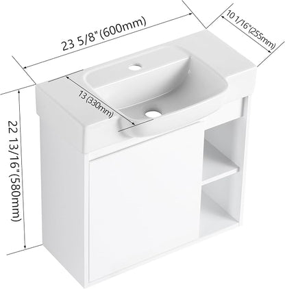 24" Bathroom Vanity with Sink, Wall-Mounted Cabinet, Glossy White | Ceramic Sink, Soft-Close Door & 2 Open Storage Shelves, Modern Farmhouse Sink Cabinet, Easy to Clean for Small Bathroom