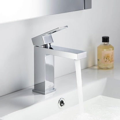 Solid Brass Single Handle Bathroom Sink Faucet with Pop Up Drain, High Arc Cubic Spout Lavatory Faucet | Corrosion-Resistant, Modern Design, Easy to Install (Chrome, KBF1002)
