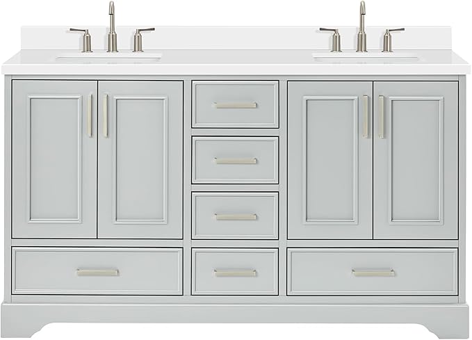 ARIEL Stafford 60-inch Bathroom Vanity with Sink,Solid Wood, 1.5-inch Pure White Quartz Countertop & Backsplash, Double Rectangular Porcelain Sink, 4 Soft Closing Doors, 6 Dovetail Drawers, Grey