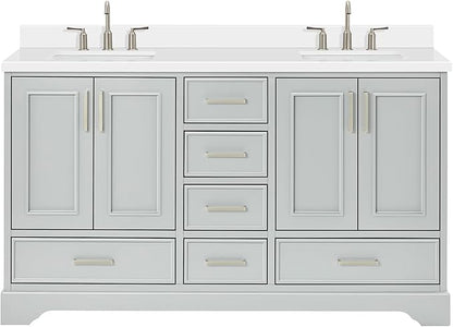 ARIEL Stafford 60-inch Bathroom Vanity with Sink,Solid Wood, 1.5-inch Pure White Quartz Countertop & Backsplash, Double Rectangular Porcelain Sink, 4 Soft Closing Doors, 6 Dovetail Drawers, Grey