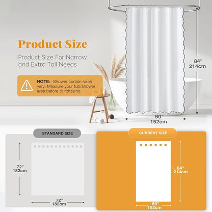BTTN Boho Scalloped Linen Textured Cloth Shower Curtain Set, 60x84, White | Narrow Long Size, 230GSM Waterproof Polyester, Heavy Duty Fabric, 10 Plastic Hooks, Modern Farmhouse Style, Machine Washable
