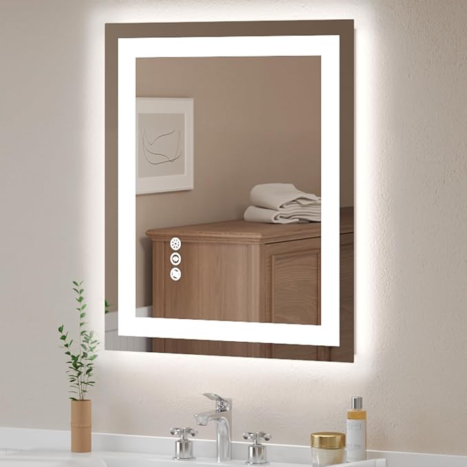 LED Bathroom Mirror 24x36 Inch Tempered Glass - Frameless LED Backlit Lighted Mirror for Bathroom Vanity with Anti-Fog, 3 Colors Dimmable, Memory Function, Wall-Mounted | Tempered Glass - Frameless Backlit Lighted Mirror for Bathroom Vanity with Anti-F...