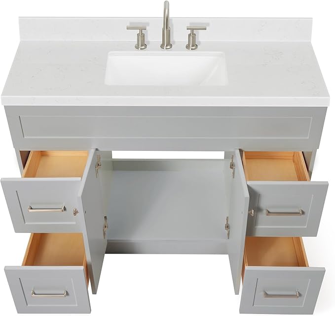 DKB Bradford 48-Inch Bathroom Vanity with Sink — Grey Single Sink Bathroom Vanity, 1.5" Edge Carrara White Quartz Countertop, Solid Wood, 2 Soft-Close Doors, 4 Full Extension Dovetail Drawers