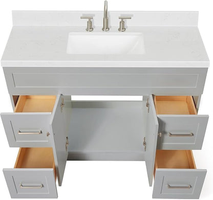 DKB Bradford 48-Inch Bathroom Vanity with Sink — Grey Single Sink Bathroom Vanity, 1.5" Edge Carrara White Quartz Countertop, Solid Wood, 2 Soft-Close Doors, 4 Full Extension Dovetail Drawers