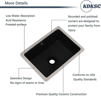 Undermount Bathroom Sink 16 Inch Black Rectangular with Overflow | Small Porcelain Ceramic Matte Black Vanity Basin (15.7"x11.8")