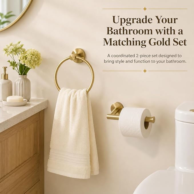 Toilet Paper Holder Towel Ring Brushed Gold Bathroom Hardware Hand Towel Holder Bathroom Accessories Set Wall Mount Stainless Steel 2 Pieces