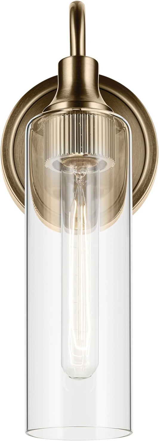 Kichler Kavi 5" 1-Light Wall Sconce with Clear Glass in Champagne Bronze, Damp Rated, for Bathroom, Powder Room, Kitchen, Hallway, Bedroom, Fireplace, (5" W x 13" H), 55209CPZ