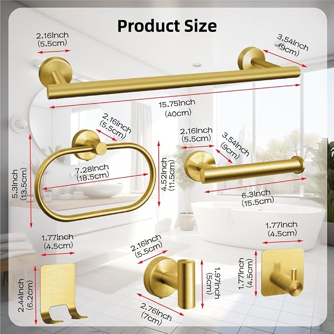 7-Piece Bathroom Accessory Set self-Adhesive Brushed Black Bathroom Hardware, Bath Towel Bar Set, Towel Racks for Bathroom, Wall Mounted Gold