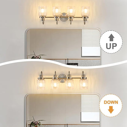 4 Lights Bathroom Vanity Light, Brushed Nickel Bathroom Light Fixtures with Hammered Glass Lampshade for Dressing Table,Over Mirror,Hallway