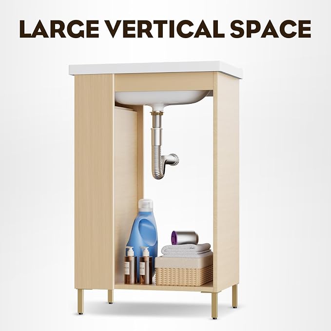 20 Inch Oak Pre-Assembled Freestanding Small Bathroom Vanity with Sink, Soft-Close Door, Left Side Storage, Space-Saving Design, No Faucet, BV05-20-oak-plus