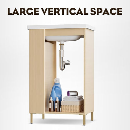 20 Inch Oak Pre-Assembled Freestanding Small Bathroom Vanity with Sink, Soft-Close Door, Left Side Storage, Space-Saving Design, No Faucet, BV05-20-oak-plus