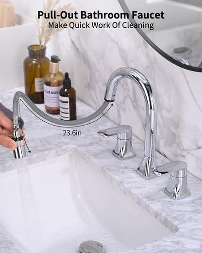 Bathroom Faucet 3 Hole with Pull Out Sprayer, 8 Inch Widespread Bathroom Faucet, Magnetic Pull Out Faucet for Easy to Use, Chrome (with Pop-up Drain)