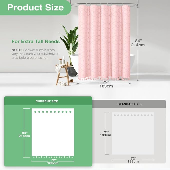 Extra Long Boho Fabric Shower Curtain Tufted Geometric 72x84 Pink | 84 Inch Tall, Elegant Tassel, Lightweight Textured Fabric, Water Repellent, Washable, Hotel Spa, for Bathroom/Dorm 12 Hooks