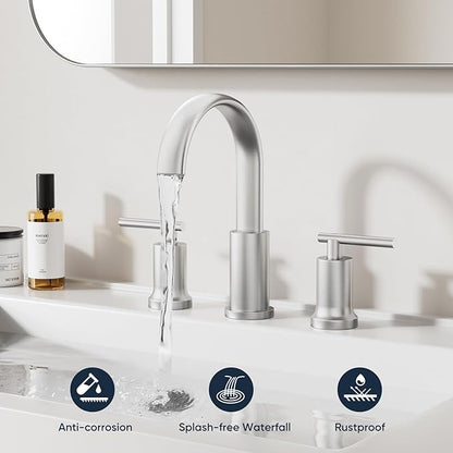 Brushed Nickel Waterfall Bathroom Faucet 3 Hole, Widespread Two Handle Bathroom Sink Faucet Vanity Faucet, 8 Inch Bathroom Faucets for Sink with cUPC Supply Lines and Pop-Up Drain