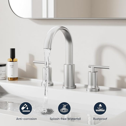 Brushed Nickel Waterfall Bathroom Faucet 3 Hole, Widespread Two Handle Bathroom Sink Faucet Vanity Faucet, 8 Inch Bathroom Faucets for Sink with cUPC Supply Lines and Pop-Up Drain