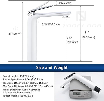 TOCALOCA Tall Bathroom Faucet White and Chrome Sliver, Vessel Sink Mixer Tap Bathroom Single Handle 1 Hole High Basin Faucet for Bowl Sink Lavatory, Brass