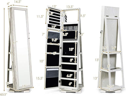 CHARMAID 360° Swivel Jewelry Armoire with Higher Full Length Mirror & Inside Makeup Mirror, Standing Lockable Jewelry Cabinet Organizer, Large Capacity, Back Storage Shelves (Grayish White)