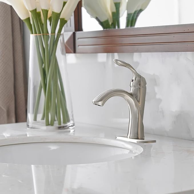 BWE Brushed Nickel Bathroom Faucet Single Handle Bathroom Sink Faucet One Hole with Pop Up Drain Assembly and Supply Lines Commercial Vanity Restroom Lavatory Mixer Tap