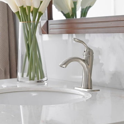 BWE Brushed Nickel Bathroom Faucet Single Handle Bathroom Sink Faucet One Hole with Pop Up Drain Assembly and Supply Lines Commercial Vanity Restroom Lavatory Mixer Tap