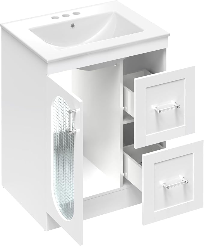 Sweetcrispy 24 Inch Bathroom Vanity with Sink, Bathroom Storage Cabinet | Modern Ceramic Basin Undermount 1-Door 2-Drawer Freestanding Combo Set, Ivory