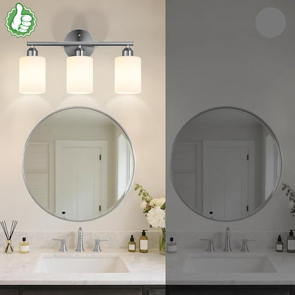 3-Light Bathroom Vanity Light Fixtures, Modern Wall Lamp for Mirror with Clear Opal Glass Shade, Silver Finish