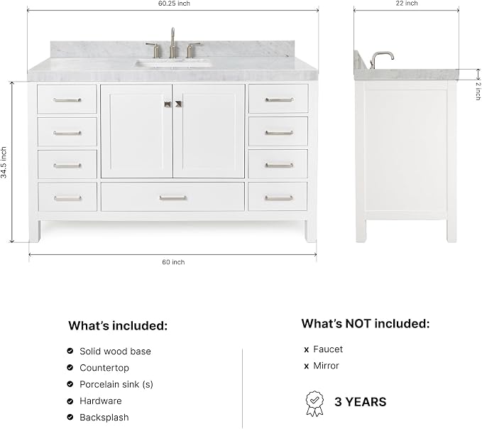 ARIEL Cambridge 60-inch Bathroom Vanity with Sink,Solid Wood, 2-inch Italian Carrara Marble Countertop, Single Rectangular Porcelain Sink, 2 Soft Closing Doors, 9 Dovetail Drawers, White