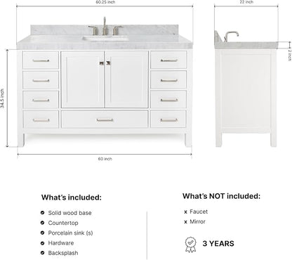 ARIEL Cambridge 60-inch Bathroom Vanity with Sink,Solid Wood, 2-inch Italian Carrara Marble Countertop, Single Rectangular Porcelain Sink, 2 Soft Closing Doors, 9 Dovetail Drawers, White