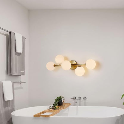 Gold Bathroom Vanity Light Fixtures,5 Lights Mid Century Modern Wall Sconce | Milk Glass Globe Wall Sconce Lighting,Modern Brushed Gold Brass Champagne Bronze Bathroom Vanity Light over Mirror,G9 Base