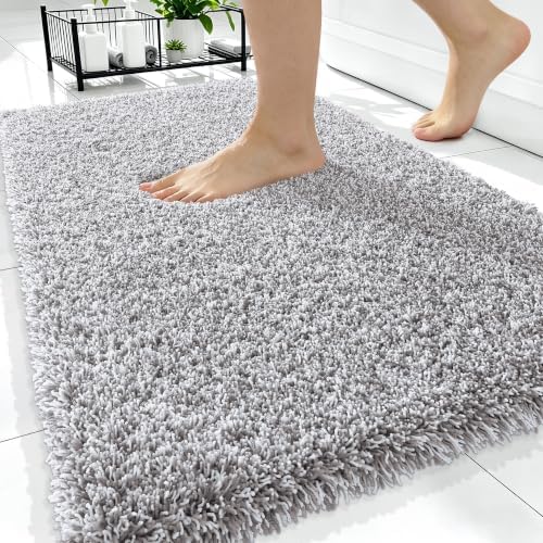 OLANLY Microfiber Bathroom Rugs 34x21, Quick Dry Mat, Light Grey and White