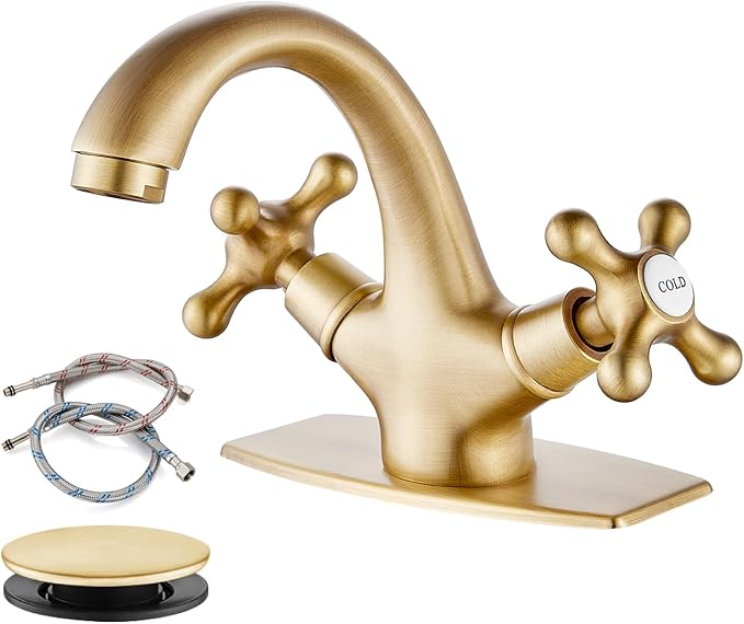 gotonovo Bathroom Sink Faucet Single Hole Double Cross Handle Knobs Lavatory Vessel Sink Mixer Tap Bathroom Faucet with Pop up Drain and Deck Cover Plate Antique Brass