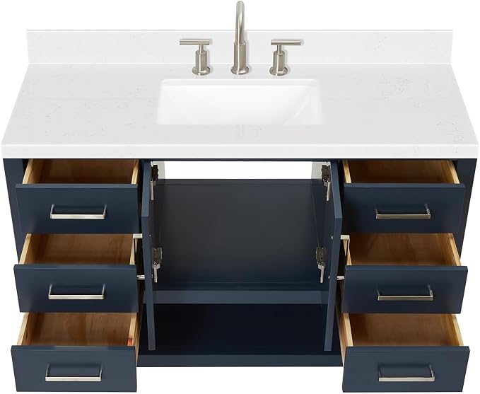 Olivia 48" Midnight Blue Bathroom Vanity with Sink, 1.5" Carrara Quartz Countertop, Rectangular Undermount Sink, 2 Soft-Closing Doors, 6 Full Extension Dovetail Drawers