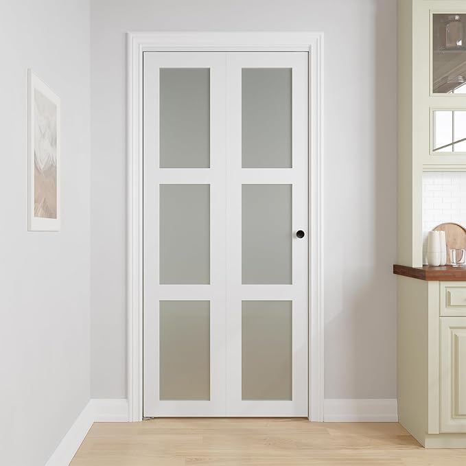 Bifold Doors for 36" x 80" Opening,3-lite Tempered Frosted Glass | Closet Folding Doors with Hardware kit Included, Easy Assembly for Pantry Closet, White,Water-Proof PVC Surface