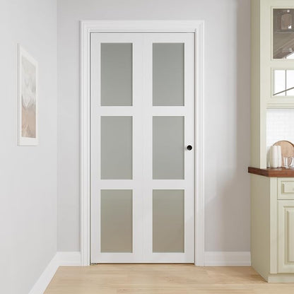 Bifold Doors for 36" x 80-3/4" Opening, 3-lite Tempered Frosted Glass Closet Folding Doors with Hardware kit Included, Easy Assembly, White | Closet Folding Doors with Hardware kit Included, Easy Assembly for Pantry Closet, White,Water-Proof PVC Surfac...