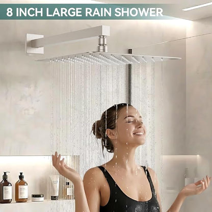 Shower System Shower Faucet Set, STARBATH 8" Wall Mount Rain Shower Head and Handheld Spray for Two Person, Rainfall Shower System with Diverter Valve and Trim Kit Complete,Brushed Nickel