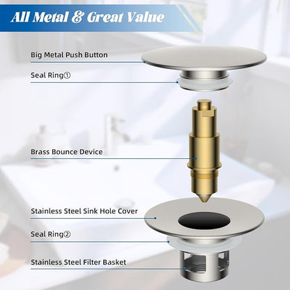 Hibbent 2 Pack All Metal Upgraded Bathroom Sink Stopper, Universal Pop Up Sink Drain Strainer, Brass Bullet Core Push Type Stopper for 1.1''~2.3''' Basin, Anti Clogging Drain Filter, Brushed Nickel