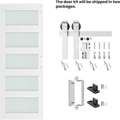 30'' x 84'' Glass Barn Door and 5FT Brushed Nickel Hardware Kit | MDF White Barn Door Slab with Frosted Glass, PVC Surface, Combined with Handle and Floor Guide-Assembly Required