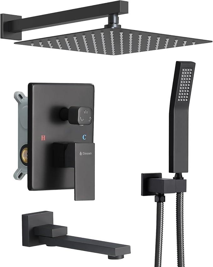DASAN Tub Shower Faucets Sets Complete Matte Black Bathtub Shower System with Tub Spout, Bathtub Faucet Set Tub and Shower Faucet Combo Trim Kit with Rough-in Valve