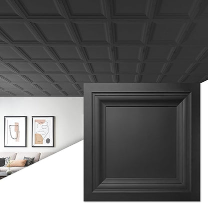 Art3d 24-Pack Square Drop Ceiling Tile 2ft x 2ft in Black, PVC Ceiling Panel 24 x 24in. - Compatible with 15/16" Drop Ceil Grid System