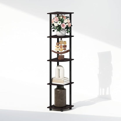 Furinno Turn-N-Tube Storage Shelves, 5-Tier Book Shelf, Corner Shelf, Toolless Open Shelves, for Organization and Storage, Living Room, Home Office, Hallway, Bedroom, Dark Walnut