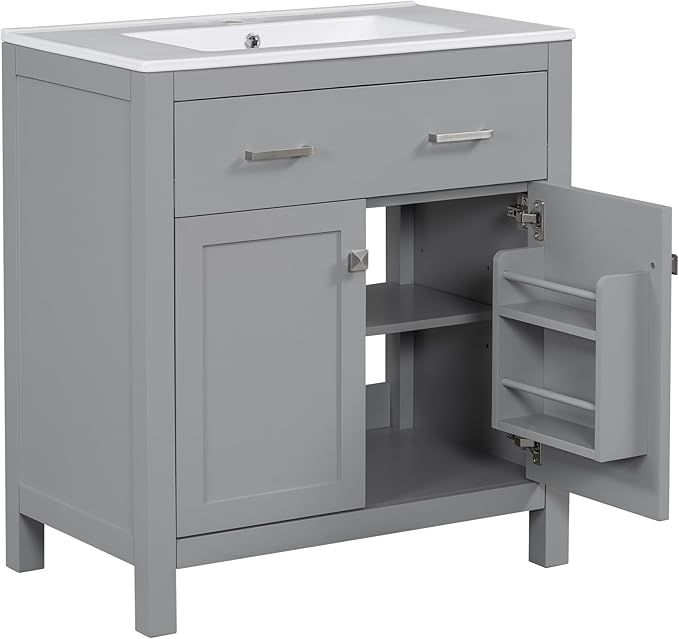Favfurish 30" Bathroom Vanity with Ceramic Sink,Undermount Single Basin Vanity Set w/1 Flip-Out Drawer and 2 Soft-Close Doors & Adjustable Shelf,Freestanding Storage Cabinet,Solid Wood Frame,Gray