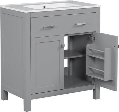 Favfurish 30" Bathroom Vanity with Ceramic Sink,Undermount Single Basin Vanity Set w/1 Flip-Out Drawer and 2 Soft-Close Doors & Adjustable Shelf,Freestanding Storage Cabinet,Solid Wood Frame,Gray