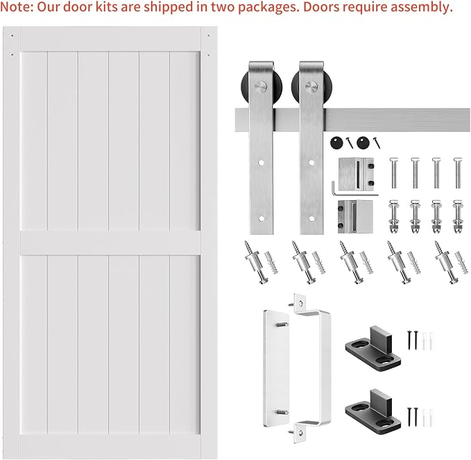 SMARTSTANDARD 42" x 84" White Sliding Barn Door with 7FT Silver Hardware | Pre-Drilled Ready to Assemble, Waterproof PVC Coating, H-Frame