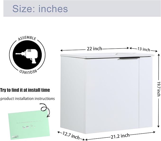 Malwee 22" Floating Bathroom Vanity with Sink, 22 Inch Single Sink Wall Mounted Bathroom Vanity, with 1 Door and White Ceramic Basin Top for Small Space, Plywood Cabinet Storage(002-22)